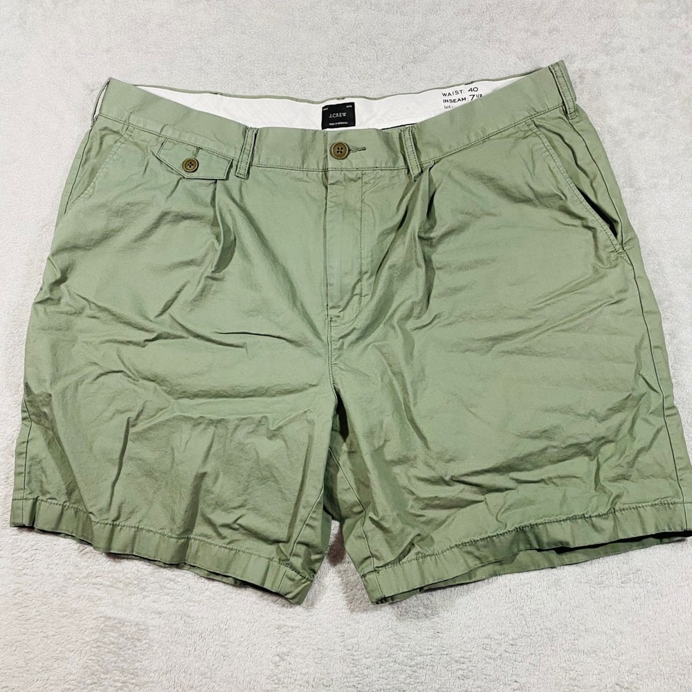 J.Crew Chino Shorts Mens 40 Olive Green Pleated Re-Imagined Cotton 7.5 Inseam